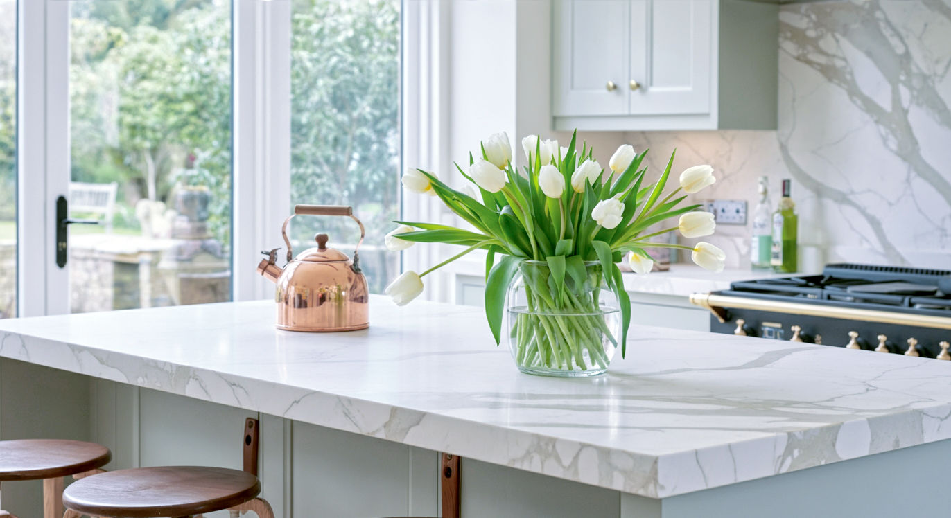 Professional, magazine-style photograph of a bright, modern British kitchen with a large central island topped with a stunning slab of Calacatta Gold marble. A copper kettle sits on the worktop next to a vase of fresh white tulips. The lighting is soft and natural, coming from a large window overlooking a green garden, creating a feeling of calm, aspirational luxury. The style should be reminiscent of a feature in 'Livingetc' or 'House & Garden'.
