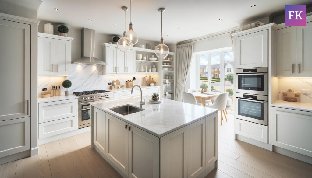 Photo showcasing a modern kitchen in Wales. The main attraction is a polished white marble worktop, complemented by up-to-date appliances and fixtures.