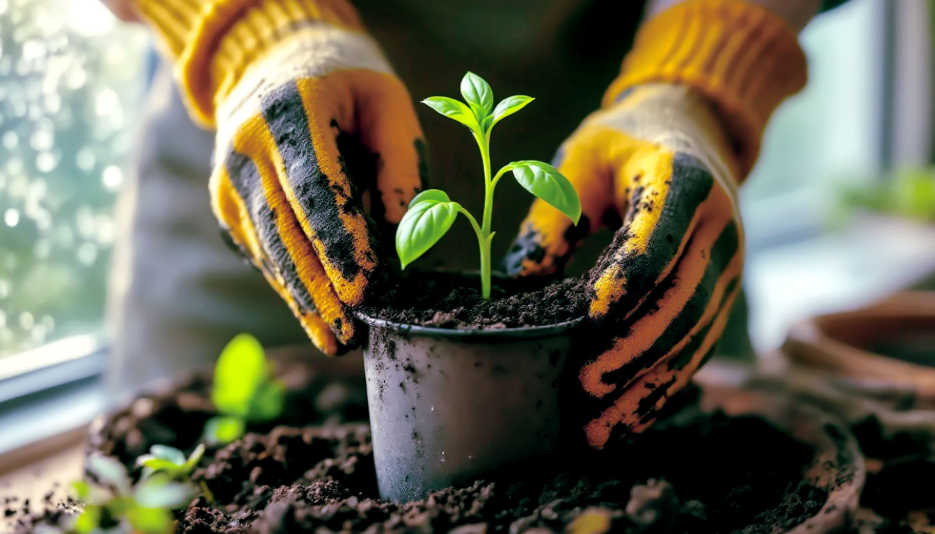 A close-up, macro-style photograph with a very shallow depth of field. A pair of hands with well-worn gardening gloves is gently potting a young basil seedling into a small pot filled with dark, rich compost. The background is a bright British kitchen windowsill, with droplets of water visible on the glass. Natural, soft morning light streams through the window, creating a hopeful and nurturing mood. The focus is sharp on the delicate green leaves and the texture of the soil.