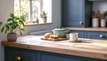 A hyper-realistic, professional photograph in the style of a Neptune or deVOL Kitchens catalogue. The shot captures a beautifully styled British kitchen corner, bathed in soft, natural morning light from a nearby window. The main focus is a 40mm thick, solid oak worktop with a natural grade and a smooth, matt oil finish, showing subtle grain variations and a few characterful knots. On the worktop sits a Le Creuset casserole dish in a muted sage green, a rustic wooden chopping board with a half-cut sourdough loaf, and a ceramic mug of tea. The background features Farrow & Ball-style painted shaker cabinets in a deep blue-grey colour, with brass handles. The mood is warm, inviting, and quintessentially British, evoking a sense of calm, quality, and timeless style.