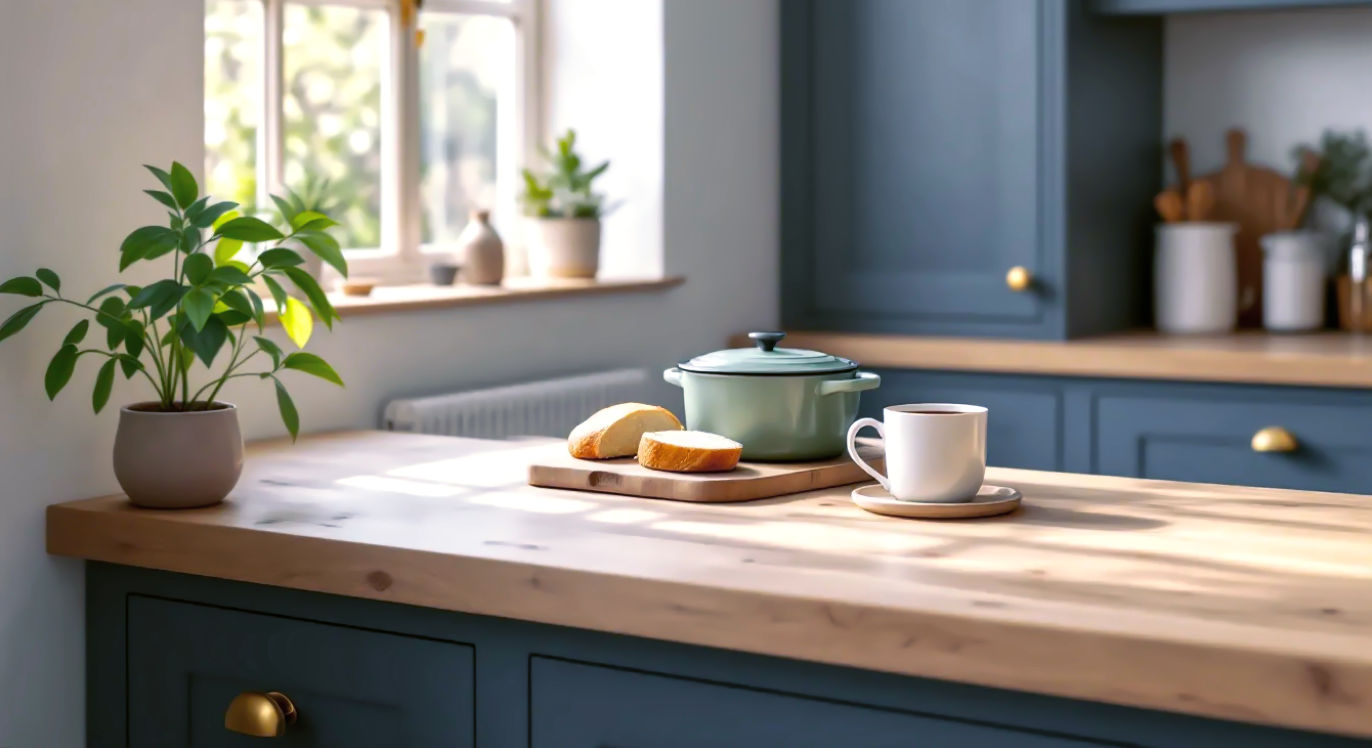 A hyper-realistic, professional photograph in the style of a Neptune or deVOL Kitchens catalogue. The shot captures a beautifully styled British kitchen corner, bathed in soft, natural morning light from a nearby window. The main focus is a 40mm thick, solid oak worktop with a natural grade and a smooth, matt oil finish, showing subtle grain variations and a few characterful knots. On the worktop sits a Le Creuset casserole dish in a muted sage green, a rustic wooden chopping board with a half-cut sourdough loaf, and a ceramic mug of tea. The background features Farrow & Ball-style painted shaker cabinets in a deep blue-grey colour, with brass handles. The mood is warm, inviting, and quintessentially British, evoking a sense of calm, quality, and timeless style.