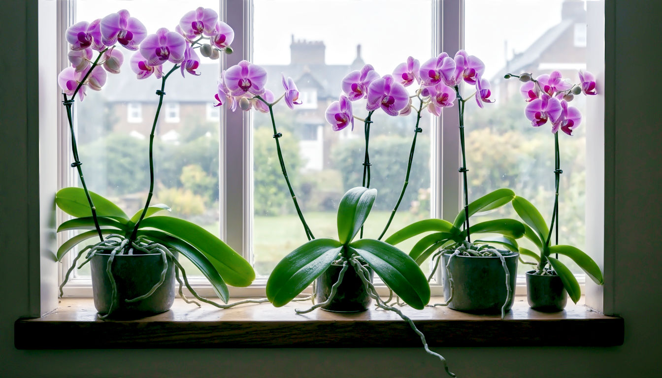 Hyper-realistic professional photograph, style of a modern Gardeners' World feature. A collection of vibrant Phalaenopsis orchids with healthy, glistening green leaves and aerial roots sits on a weathered oak windowsill in a British home. Soft, diffused morning light streams through the window, highlighting the delicate texture of the petals. Outside, a classic, slightly misty British garden is softly blurred in the background. The mood is calm, elegant, and inspiring.