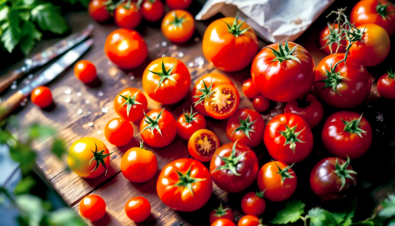 A vibrant, hyper-realistic close-up photograph in the style of a professional Country Living food feature. The image shows a rustic wooden table scattered with a curated selection of ripe, British-grown tomatoes. Include a mix of varieties like the small, red 'Gardener's Delight', the striped 'Crimson Crush', and the dark, moody 'Black Russian'. The composition is a top-down, shallow depth of field shot, with soft, natural light spilling in from a nearby window, highlighting the unique colours and textures of each tomato. A crumpled, slightly worn seed packet lies subtly in the background, adding a touch of authentic detail.