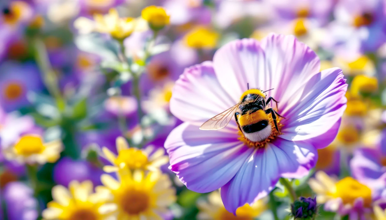 A vibrant, hyper-realistic photograph in the style of a Country Living magazine feature. The image captures a wide, sun-drenched shot of a blooming herbaceous border in a British garden at the height of summer. The frame is filled with a rich tapestry of insect-friendly plants: the flat, yellow heads of yarrow are covered in tiny parasitic wasps and hoverflies, while a large, fuzzy bumblebee is buried deep in the bell of a purple foxglove. The composition is dynamic and full of life, with insects visibly flitting between the flowers. The lighting is bright and warm, highlighting the pollen and creating a joyful, buzzing, and abundant atmosphere.