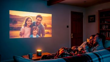 A hyper-realistic, professional photograph capturing a cosy and slightly rustic British living room scene in the evening. A stylish, small light source is projecting a vibrant, warm-toned film onto a plain, off-white wall. The projected image is the main light source, casting a soft glow on a young couple snuggled under a tartan blanket on a comfortable sofa, their faces lit with happy expressions. The room has character, with a bookshelf in the background and a mug of tea visible on the table. The mood is intimate, magical, and aspirational, highlighting the benefit of big-screen entertainment in a small, realistic home setting. Style of a John Lewis catalogue photo.