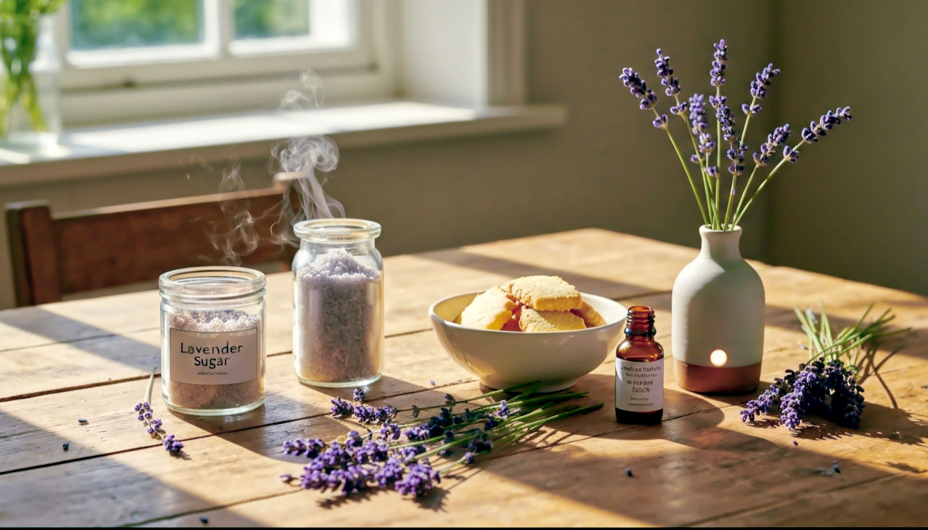 A warm, professional photograph in the style of a Country Living magazine feature. The subject is a rustic kitchen table bathed in soft, golden-hour light streaming from a window. The composition features a collection of homemade lavender products. A small, labelled glass jar of lavender sugar sits next to a bowl of lavender shortbread. A simple ceramic diffuser releases a wisp of scented steam, with a small amber bottle of essential oil nearby. Freshly picked lavender sprigs are scattered artfully across the table, adding a touch of natural elegance. The mood is calm, domestic, and utterly charming.