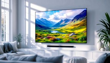 A hyper-realistic photograph of a sleek, modern QLED TV mounted on the wall of a stylish, sunlit British living room. The TV displays an incredibly vibrant and detailed nature scene of the Scottish Highlands, showcasing its brilliant colour and brightness. The room has large bay windows with soft light streaming in, highlighting the TV's anti-glare screen. The composition is clean and aspirational, in the style of an interior design magazine like Livingetc.