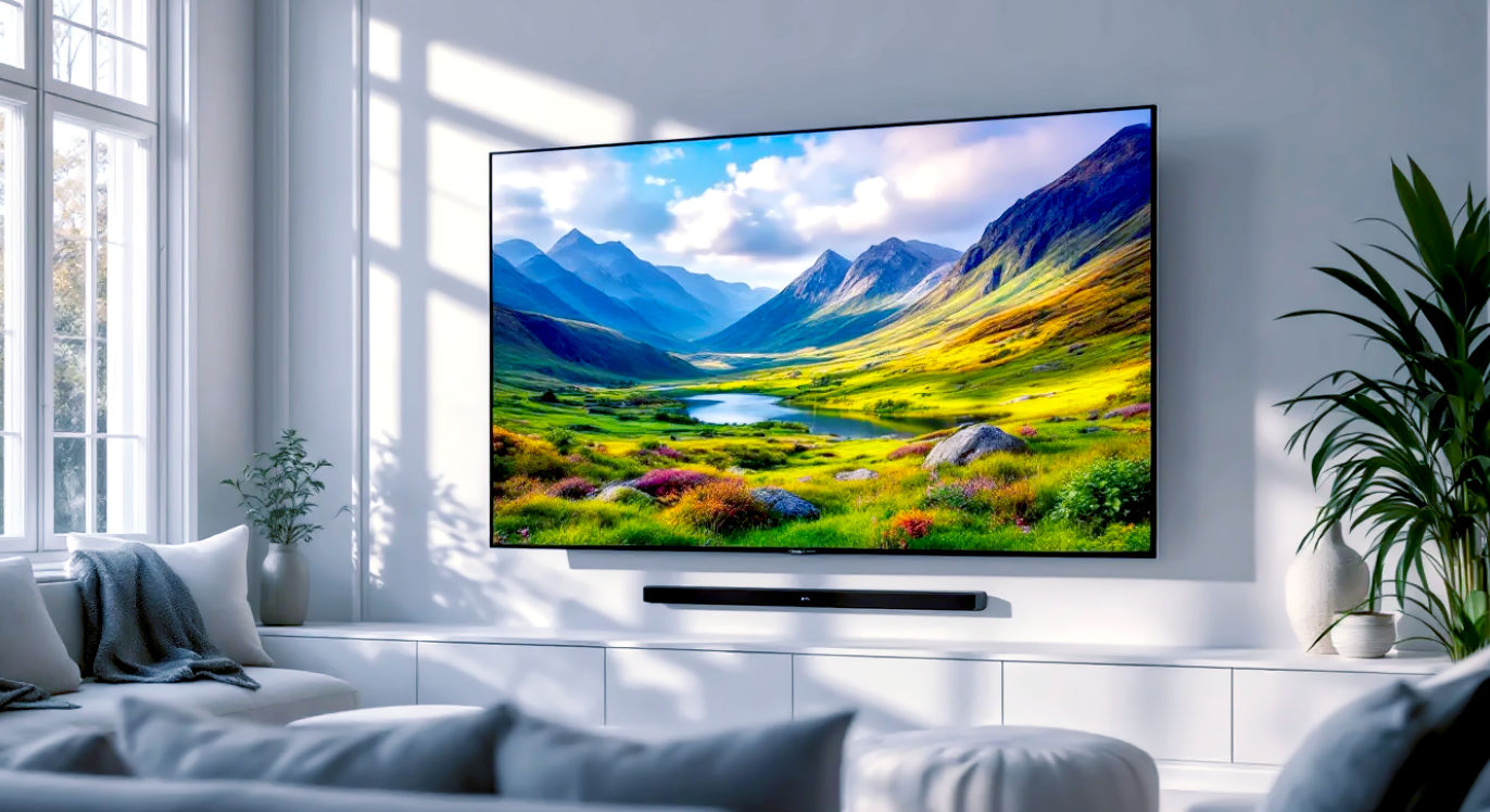 A hyper-realistic photograph of a sleek, modern QLED TV mounted on the wall of a stylish, sunlit British living room. The TV displays an incredibly vibrant and detailed nature scene of the Scottish Highlands, showcasing its brilliant colour and brightness. The room has large bay windows with soft light streaming in, highlighting the TV's anti-glare screen. The composition is clean and aspirational, in the style of an interior design magazine like Livingetc.