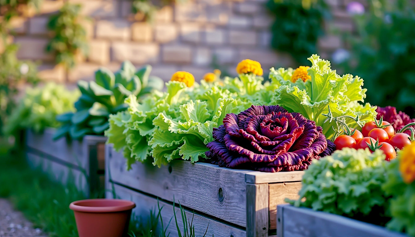 The image captures an abundant, weathered oak raised bed in a classic British garden with a Cotswold stone wall in the background. The bed is overflowing with a mix of vibrant green lettuces, deep red kale, and bright red tomato trusses, with cheerful orange marigold flowers tucked in the corners. A high-quality terracotta pot sits on the path next to the bed. The lighting is soft, early morning golden-hour light, creating a warm and inspiring mood. The overall feeling is one of achievable, productive, and beautiful home gardening.