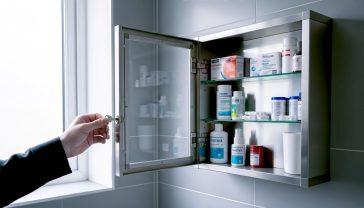 A hyper-realistic photograph in the style of a modern interior design magazine. The shot captures a beautifully organised, secure, stainless steel medicine cabinet mounted on a slate grey tiled wall in a bright, contemporary British bathroom. The cabinet door is slightly ajar, showing neatly arranged first-aid supplies and medicines on the glass shelves inside. A hand is seen turning a small, discreet key in the lock. The lighting is soft and natural, coming from a nearby window, creating a feeling of safety, cleanliness, and calm family life. The overall mood is trustworthy, professional, and reassuring.