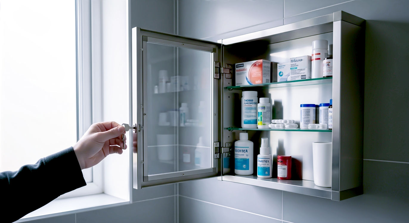 A hyper-realistic photograph in the style of a modern interior design magazine. The shot captures a beautifully organised, secure, stainless steel medicine cabinet mounted on a slate grey tiled wall in a bright, contemporary British bathroom. The cabinet door is slightly ajar, showing neatly arranged first-aid supplies and medicines on the glass shelves inside. A hand is seen turning a small, discreet key in the lock. The lighting is soft and natural, coming from a nearby window, creating a feeling of safety, cleanliness, and calm family life. The overall mood is trustworthy, professional, and reassuring.