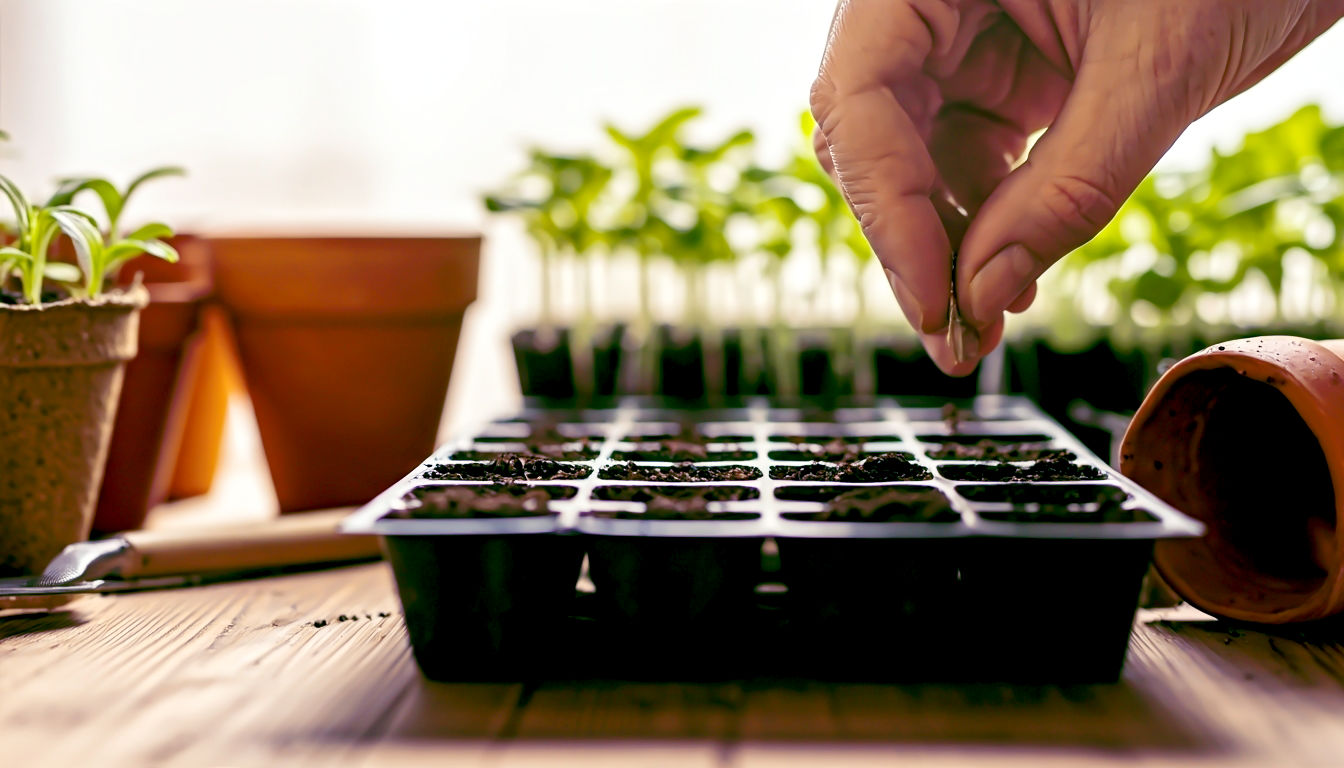 A hyper-realistic, professional photograph in the style of a Gardeners' World magazine feature. The scene is a bright, airy British potting shed. A pair of hands (weathered but clean) are gently placing a tiny seed into a cell of a modular seed tray filled with dark, fine compost. In the soft-focus background, you can see terracotta pots, other healthy green seedlings on a windowsill catching the morning light, and a wooden dibber resting on the potting bench. The lighting is soft and natural, coming from a large window, highlighting the texture of the compost and the promise of the seed. The mood is hopeful, calm, and deeply satisfying.
