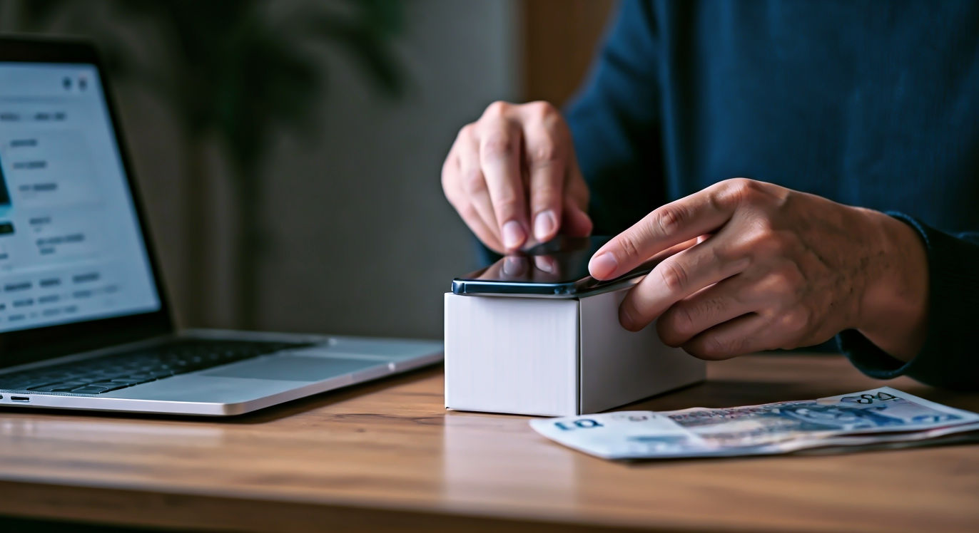 A hyper-realistic, professional photograph showing a person's hands carefully placing a pristine, recent-model iPhone into a clean, modern-looking box. On the minimalist desk next to them are a few neatly arranged £20 notes, a laptop screen in the background displaying a UK-based phone recycling website. The lighting is bright and optimistic, with a shallow depth of field, conveying a sense of smart, profitable, and easy tech selling.