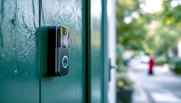 A hyper-realistic, professional photograph capturing a modern, sleek smart video doorbell mounted on the light-grey painted wooden frame of a classic British front door, which is painted a dark, sophisticated racing green. The focus is sharp on the doorbell, with its camera lens subtly visible. In the soft-focus background, a pleasant, leafy suburban street in the UK can be seen, with a red postbox just visible down the road, evoking a sense of everyday British life. The lighting is bright but soft, suggesting a slightly overcast but pleasant day. The overall mood is one of quiet security, technology, and modern British domestic life.