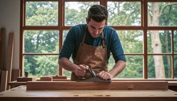 Hyper-realistic photograph in the style of a modern craft magazine. A British woodworker with sawdust on their apron planes a piece of English oak in a light-filled workshop. Large windows behind them look out onto a lush, green British woodland. The mood is calm, focused, and warm, with soft, natural lighting. Emphasise the texture of the wood grain and the sharpness of the hand tool.