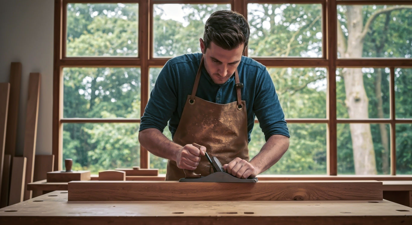 Hyper-realistic photograph in the style of a modern craft magazine. A British woodworker with sawdust on their apron planes a piece of English oak in a light-filled workshop. Large windows behind them look out onto a lush, green British woodland. The mood is calm, focused, and warm, with soft, natural lighting. Emphasise the texture of the wood grain and the sharpness of the hand tool.