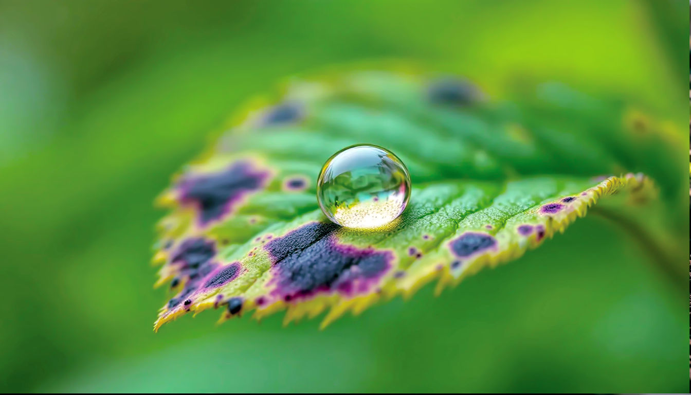 A hyper-realistic macro photograph, in the style of a professional botanical guide. A detailed close-up of a single rose leaf showing the distinct purple-black spots of blackspot. A tiny, clear dewdrop rests on the leaf's surface, magnifying its texture. The lighting is soft and even, as on an overcast British day, highlighting the details of the disease without being overly dramatic. The background is a soft, out-of-focus green. The mood is clinical, educational, and clear.