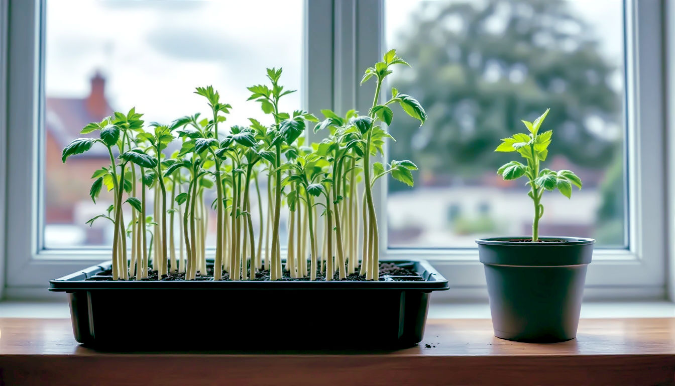 A hyper-realistic, professional macro photograph with a clear, educational style. It depicts a tray of 'leggy' tomato seedlings on an indoor windowsill, their long, pale stems stretching and bending desperately towards the glass. Next to it, for contrast, sits a single pot with a sturdy, compact, and healthy green seedling. Through the window, a typically overcast British sky is visible. The lighting is natural but slightly muted, highlighting the weakness of the leggy stems. The mood is a common gardening challenge presented as a learning opportunity, evoking empathy and a desire to fix the problem.