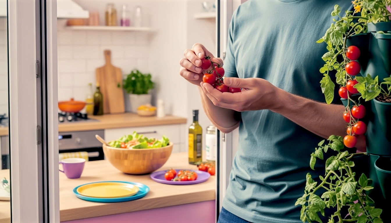 A hyper-realistic, warm lifestyle photograph, in the style of a feature for The Sunday Times Style magazine. The shot is a close-up focusing on a man's hands gently harvesting a handful of bright red cherry tomatoes from a vertical planter. In the softly-focused background, you can see a modern kitchen scene through an open door, with a fresh salad being prepared in a wooden bowl on the counter. The composition uses a shallow depth of field to draw the eye to the fresh, sun-ripened produce being picked. The lighting is soft and warm, as if from a late afternoon sunbeam hitting the balcony. The mood is wholesome and satisfying, perfectly capturing the joy and benefit of having fresh, homegrown food right at your fingertips.