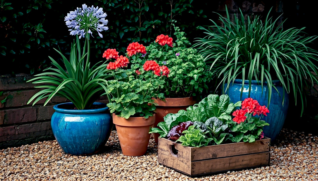 A hyper-realistic, professional photograph styled like a feature in The English Garden magazine. It showcases an artfully arranged cluster of various pots on a gravel patio corner. The collection includes a tall blue glazed pot with a flowering agapanthus, a terracotta pot with colourful geraniums, and a wooden crate planted with mixed salad leaves and herbs. The variety of colours, textures, and heights creates a sense of lush abundance. The lighting is the soft, golden glow of a late British afternoon, making the colours pop. The mood is inspirational, showcasing the diverse beauty of container planting.