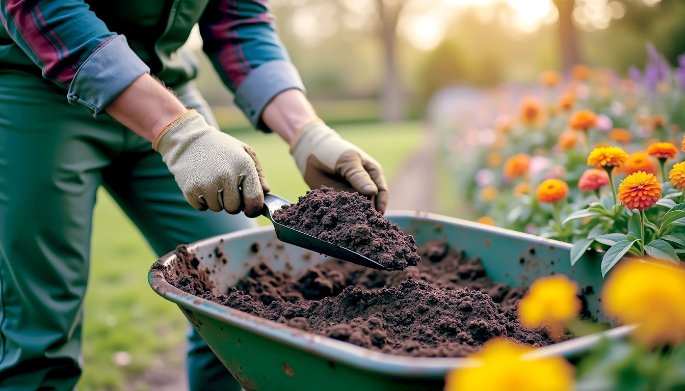 A hyper-realistic, professional photograph in the style of a BBC Gardeners' World feature. A gardener, wearing practical yet worn gardening gloves, is shown using a trowel to scoop rich, dark, crumbly compost from a wheelbarrow and work it into a flowerbed filled with healthy-looking perennial plants. The focus is on the satisfying action of enriching the soil. The background shows a beautifully maintained British garden in late spring. The lighting is warm, golden-hour sunlight, casting long shadows and making the scene feel optimistic, rewarding, and deeply satisfying.