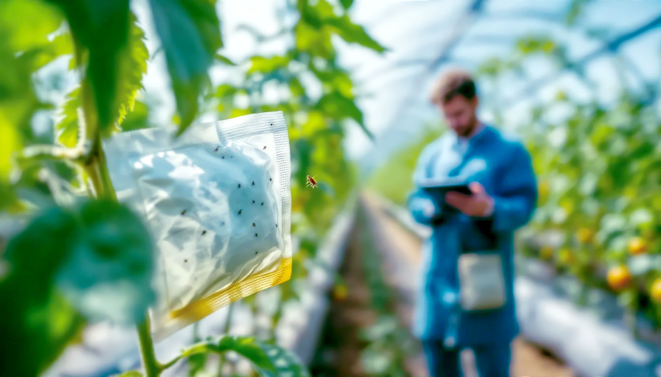 A clean, crisp, hyper-realistic photograph with a modern, scientific aesthetic, reminiscent of a feature on BBC's Farming Today. The image is taken inside a large, commercial polytunnel in the UK, with neat rows of tomato vines stretching into the distance. The foreground is a macro shot focusing on a small, biodegradable sachet attached to a tomato plant's stem, with tiny predatory mites emerging and moving onto the leaves. In the background, a technician in a blue lab coat can be seen making notes on a tablet, observing the crop's health. The lighting is bright and even, reflecting off the polytunnel structure, conveying a mood of precision, innovation, and sustainable, large-scale agriculture.