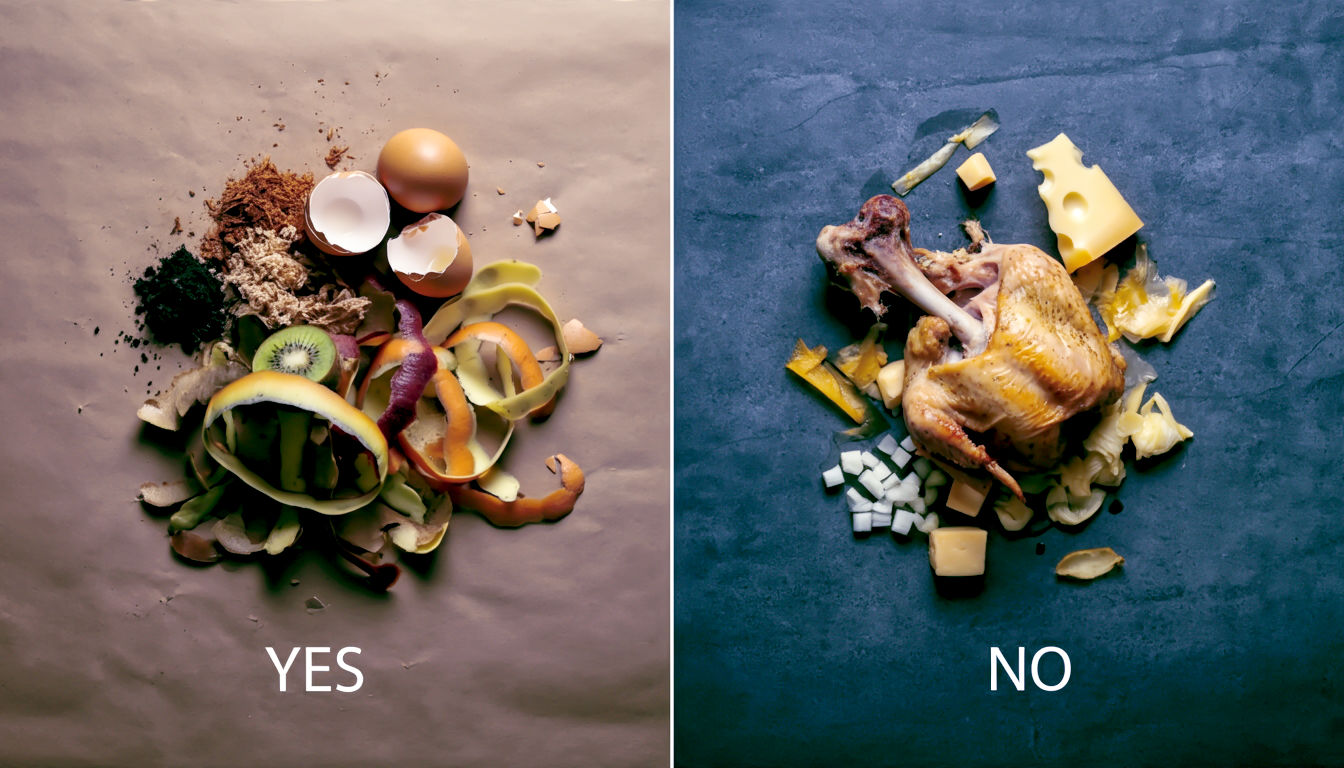 A hyper-realistic, professional photograph presented as a clean diptych (two images side-by-side), styled like a feature in The Guardian's lifestyle section. On the left panel ('YES'), a collection of ideal compostable materials—fruit and veg peelings, crushed eggshells, and plastic-free tea bags—are artfully arranged on a piece of natural brown paper. On the right panel ('NO'), a contrasting pile of forbidden items—a cooked chicken bone, a wedge of cheese, and some oily leftovers—are displayed on a stark, grey slate background. The lighting is crisp and even across both images, creating a clear, informative, and cautionary feel. The background is a neutral, out-of-focus kitchen countertop.
