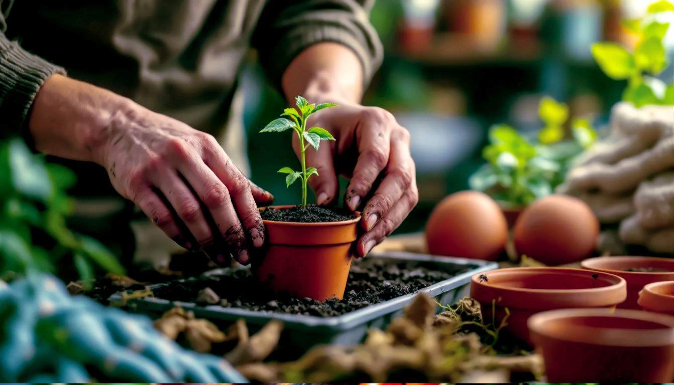 A detailed, hyper-realistic photograph in the style of a Country Living feature, shot from a low angle. The image captures a pair of hands with soil on the fingertips, gently handling a delicate, young tomato seedling. The hands are carefully lifting the small plant from a crowded seed tray and planting it into a larger terracotta pot. The background is a gently blurred view of a tidy potting shed, with bags of compost, gardening gloves, and terracotta pots stacked in the soft, diffused light of a spring morning.