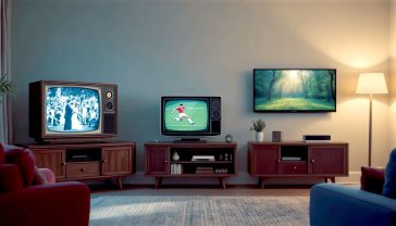 A hyper-realistic photograph capturing the evolution of television in a classic British living room. On the left, a vintage 1950s wood-panelled CRT television shows a grainy black-and-white image of the Coronation. In the centre, a 1990s bulky CRT TV displays a vibrant football match. On the right, a sleek, ultra-thin OLED TV mounted on the wall shows a stunning 4K nature documentary. The lighting is soft and warm, coming from a standard lamp, evoking a sense of nostalgia and technological progress. The style should be reminiscent of a high-end interior design magazine, with a cosy, lived-in feel.