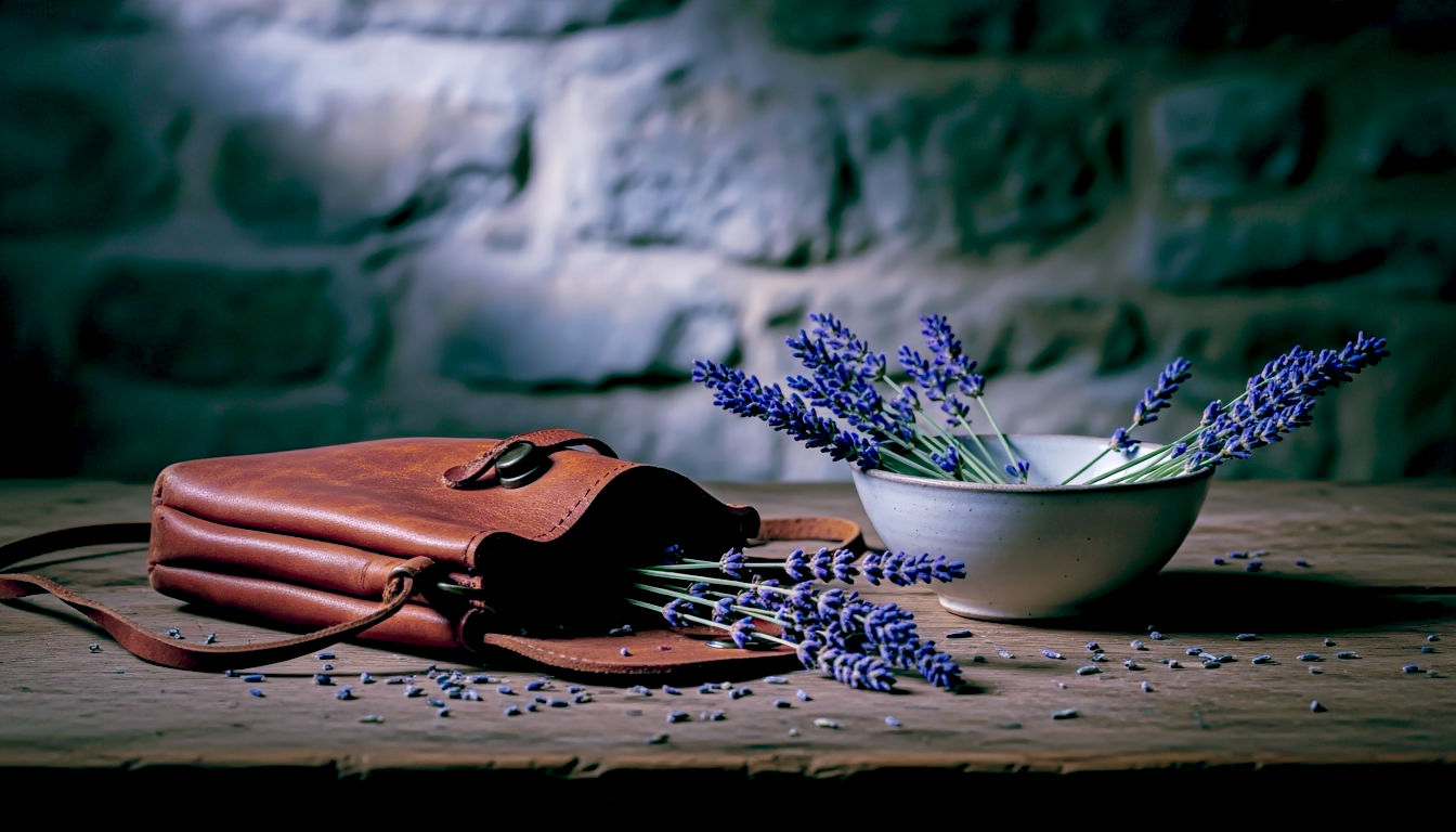 A museum-quality, hyper-realistic still life photograph, in the style of a National Trust feature. The scene is set on a rough-hewn wooden table. In the foreground, a worn leather pouch, similar to a Roman soldier's medicine bag, lies open, revealing dried lavender stems. Beside it, a small ceramic bowl holds fresh lavender sprigs. The background is a soft-focus stone wall. The lighting is low and atmospheric, with a single ray of sunlight highlighting the textures, evoking a sense of ancient history and timeless tradition. The mood is one of discovery and reverence for the plant's long history.