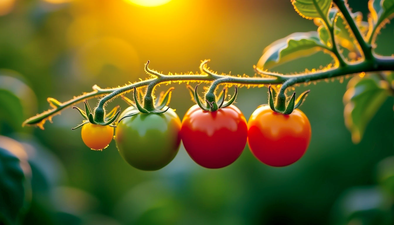 A breathtaking, hyper-realistic macro photograph in the style of a Country Living feature. The composition is a linear shot along a single truss of a tomato plant. The lighting is warm, golden-hour light, accentuating a clear progression of development: at one end, a tiny yellow flower is in full bloom. Moving along the truss, a small, hard green fruit is forming, followed by a larger, fully developed green tomato, and finally, a single tomato just beginning to blush with orange and red tones. The background is a soft, out-of-focus blur of deep greens, drawing all attention to the miracle of transformation on the vine.
