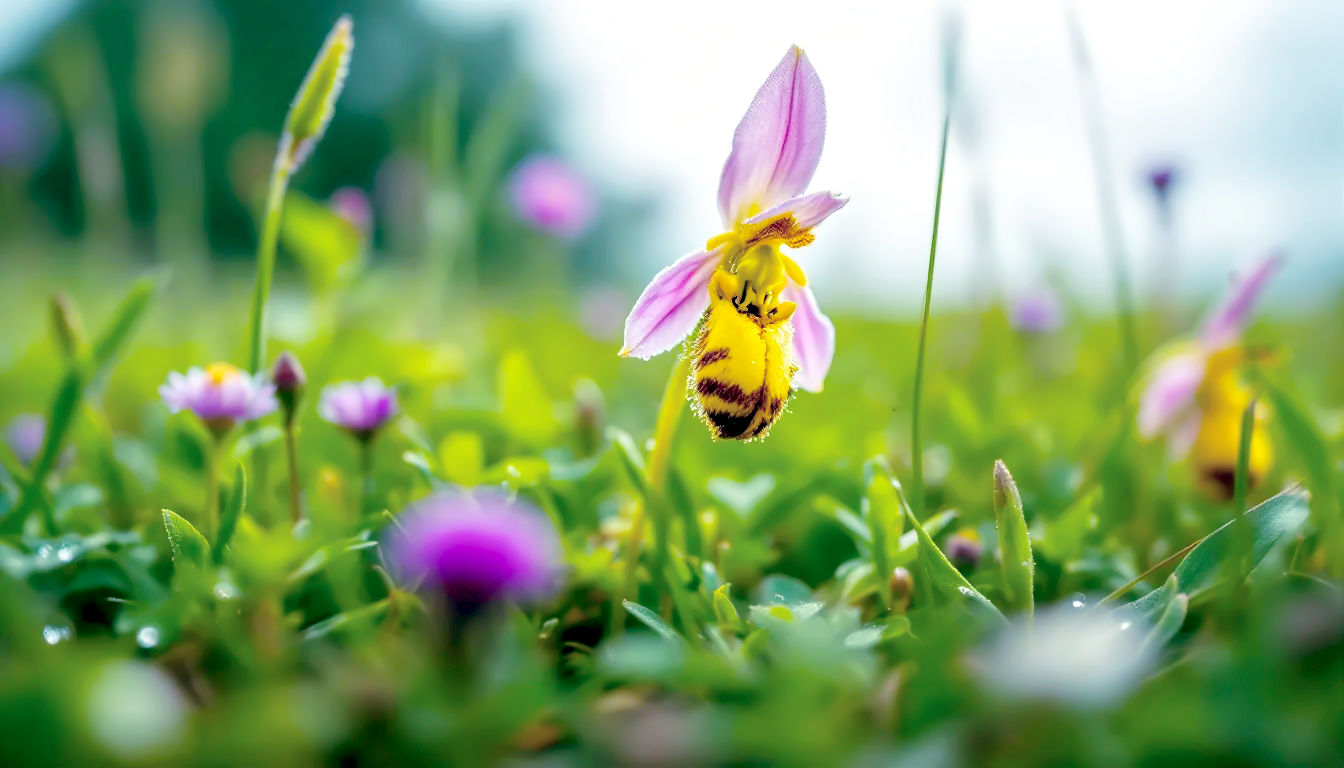A beautiful, low-angle wildlife photograph in the style of a BBC Springwatch feature. The camera is close to the ground, capturing a vibrant Bee Orchid (Ophrys apifera) in its natural habitat on a British chalk grassland. The flower's fuzzy, bee-like labellum is in sharp, crisp focus, with dewdrops clinging to the surrounding blades of wild grass. The background is a soft-focus wash of green meadow and other wildflowers under a gentle, overcast summer sky. The mood is one of quiet discovery and the precious, fragile beauty of the British countryside.