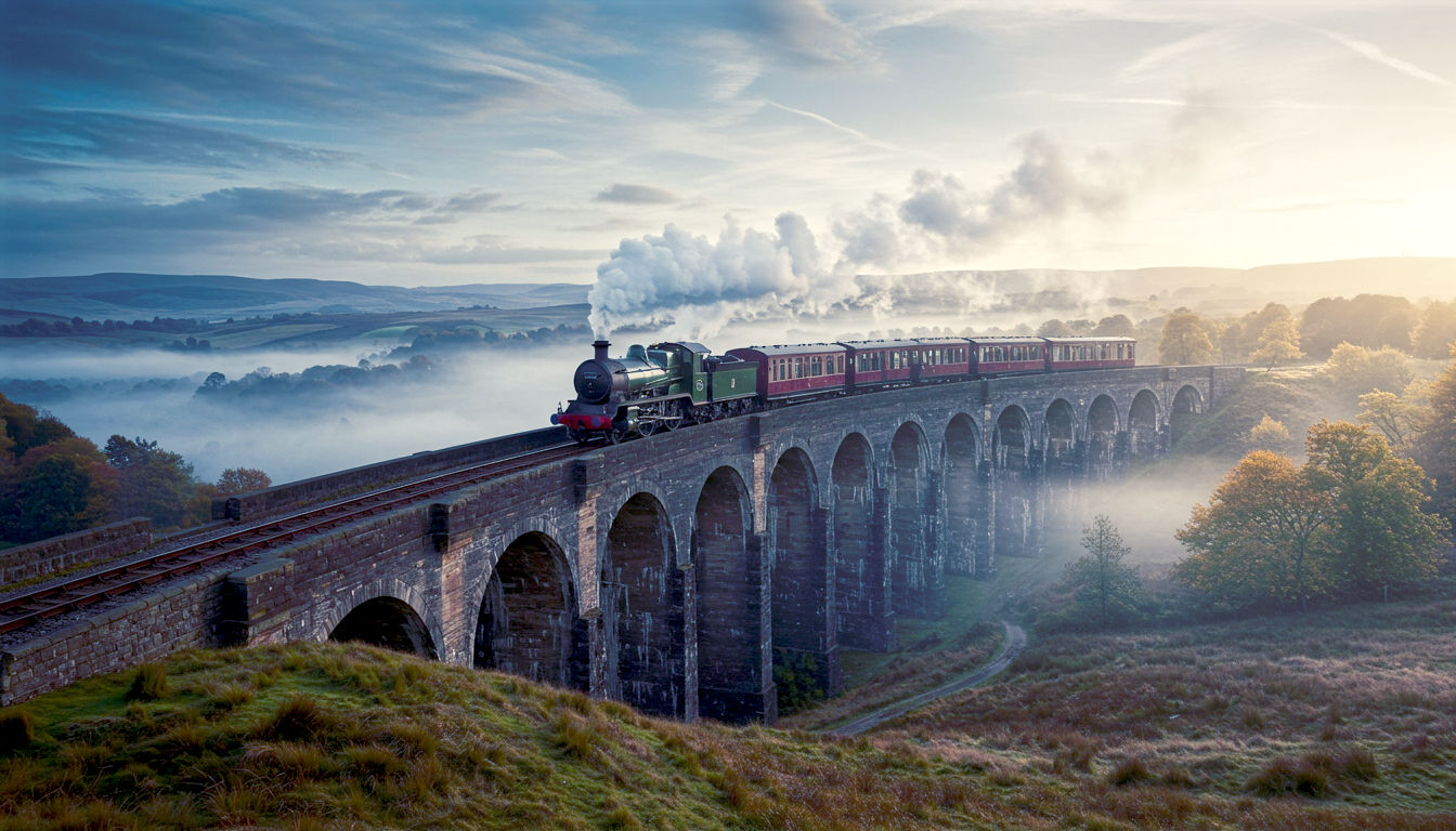 A hyper-realistic, professional photograph in the style of a BBC historical documentary. The scene is a wide-angle shot of Stephenson's Rocket steam locomotive pulling early, open-topped passenger carriages across the Ribblehead Viaduct in the Yorkshire Dales. It's a crisp autumn morning, with low-lying mist in the valley below and soft, golden-hour light catching the steam billowing from the engine's chimney. The composition is dramatic and epic, emphasising the scale of the engineering against the wild, rugged landscape. The mood is one of awe, progress, and British industrial might.