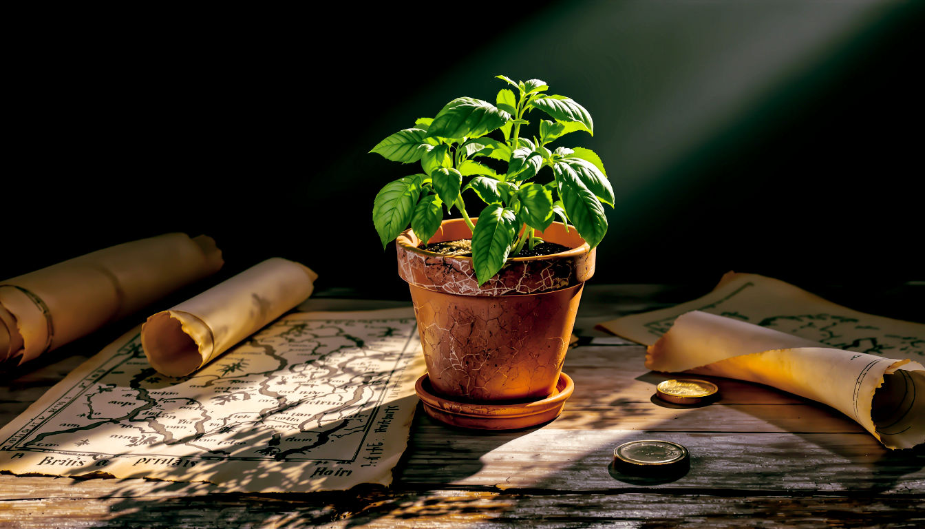 A cinematic, high-resolution photograph with a dramatic, low-key lighting setup. A single, vibrant basil plant in an aged, cracked terracotta pot is placed on a rough-hewn oak table. Surrounding the pot are ancient, unrolled scrolls with faint sketches of plants and faded maps, and a small, antique silver coin. A single shaft of light illuminates the basil plant, creating long, dramatic shadows that hint at its long, mysterious history. The colour palette is rich and earthy, evoking a sense of British heritage.