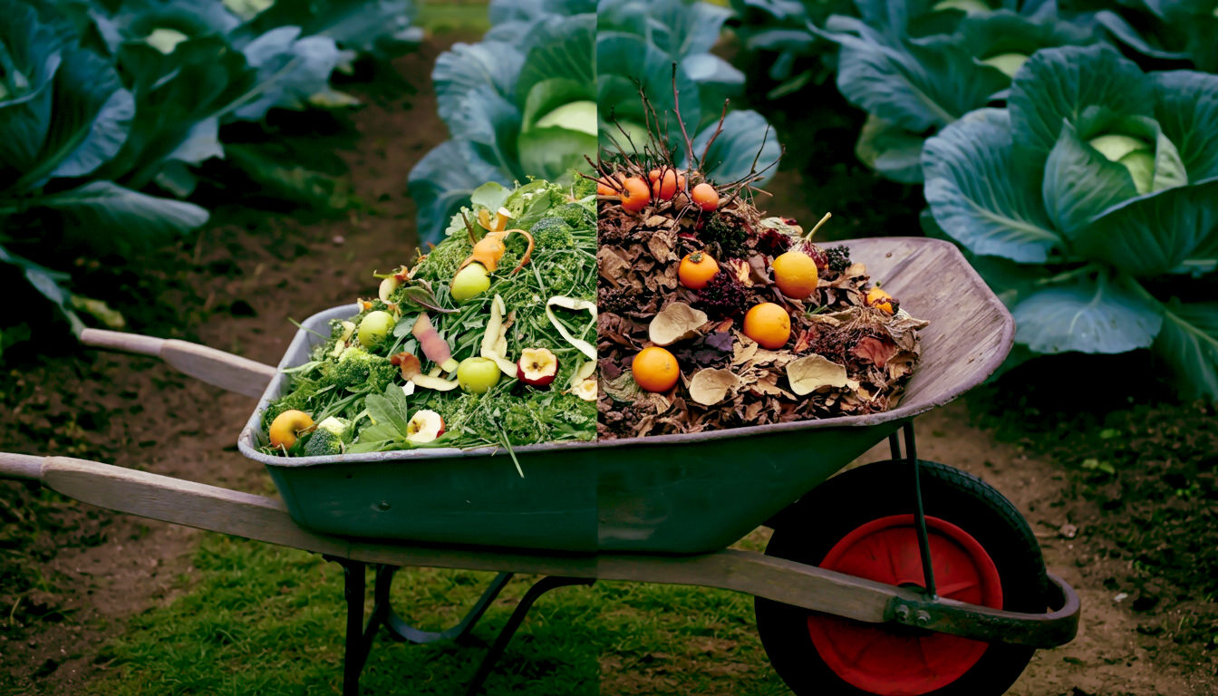 A hyper-realistic, professional photograph in the style of a Country Life magazine feature. The composition is a beautifully arranged shot over a rustic wooden wheelbarrow. The wheelbarrow is neatly divided into two distinct halves: one side is filled with vibrant 'greens' (fresh grass clippings, colourful vegetable peelings, apple cores), and the other side is filled with textured 'browns' (torn-up cardboard egg boxes, dry autumn leaves, small twigs). The lighting is bright, natural daylight, highlighting the contrasting colours and textures. The setting is a classic British allotment, with neat rows of cabbages visible in the soft-focus background. The mood is clean, organised, educational, and wholesome.