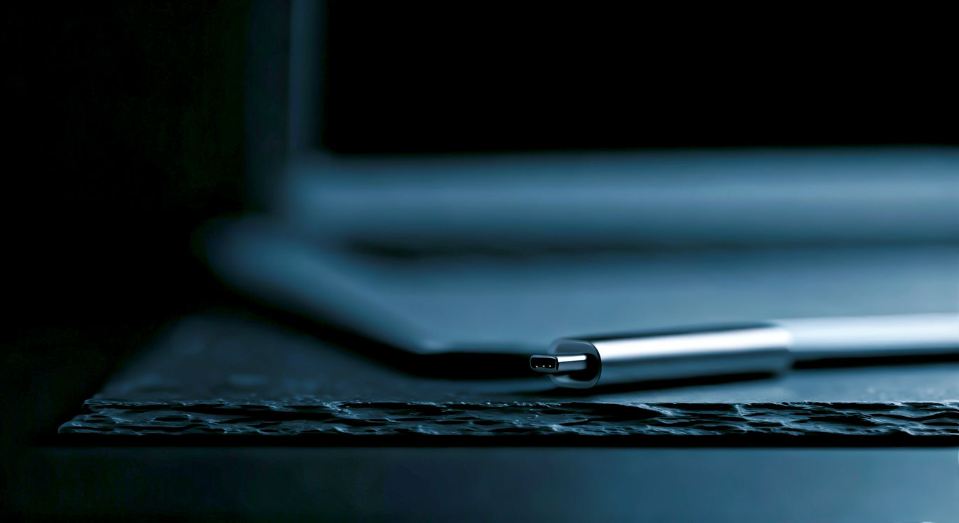 A hyper-realistic, professional product photograph styled for a modern tech blog. A sleek, metallic dual-connector USB-C and USB-A flash drive rests on a minimalist, textured slate surface. One end is plugged into the USB-C port of a modern, ultra-slim laptop (like a MacBook Air or Dell XPS), which is slightly out of focus in the background. The scene is lit with soft, cool, directional studio lighting that highlights the brushed metal texture of the drive and creates subtle, elegant reflections. The overall mood is sophisticated, clean, and professional, conveying speed and reliability.
