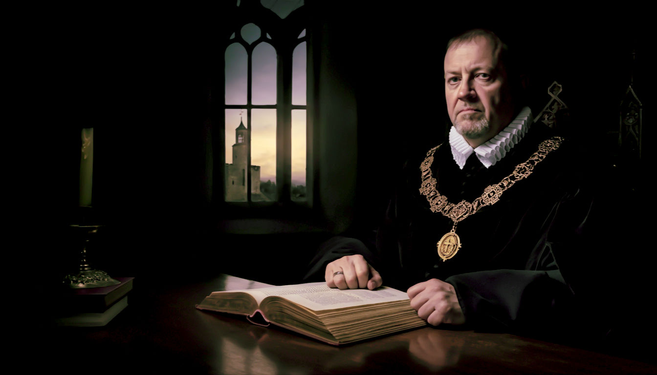 A hyper-realistic photograph in the style of a Holbein portrait but with the dramatic lighting of a Caravaggio painting. Sir Thomas More sits at a heavy oak desk in a dimly lit Tudor study. He wears the dark velvet robes and heavy gold chain of office of the Lord Chancellor. One hand rests on a large, open leather-bound book (representing his scholarship), while the other is clenched subtly on the desk (representing his inner conflict). His expression is thoughtful, intelligent, and deeply troubled, looking just past the viewer. On the wall behind him, the faint shadow of the Tower of London is visible through a leaded glass window at twilight. The lighting is low-key, creating deep shadows and highlighting the rich texture of the robes and the worry lines on his face. The mood is sombre, intellectual, and full of historical gravitas.