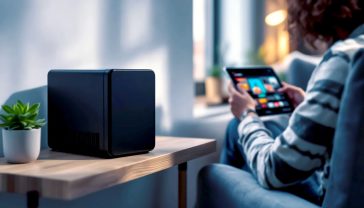 A hyper-realistic, professional photograph in the style of a modern tech lifestyle magazine. The scene is a tidy, contemporary British home office or living room corner. In soft, natural light, a sleek, compact NAS (Network Attached Storage) device sits on a minimalist wooden shelf next to a small, healthy succulent. In the slightly blurred background, a person is comfortably sitting on a sofa, using a tablet to browse a beautiful, Netflix-style media library on the screen. The mood is calm, organised, and empowering, evoking a sense of digital control and modern convenience in a relatable UK home setting.