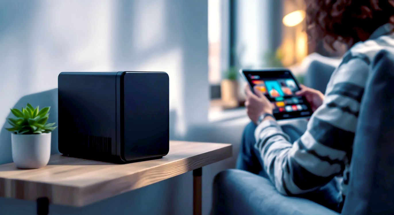 A hyper-realistic, professional photograph in the style of a modern tech lifestyle magazine. The scene is a tidy, contemporary British home office or living room corner. In soft, natural light, a sleek, compact NAS (Network Attached Storage) device sits on a minimalist wooden shelf next to a small, healthy succulent. In the slightly blurred background, a person is comfortably sitting on a sofa, using a tablet to browse a beautiful, Netflix-style media library on the screen. The mood is calm, organised, and empowering, evoking a sense of digital control and modern convenience in a relatable UK home setting.