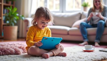 A hyper-realistic, professional photograph in the style of a warm, modern family lifestyle magazine. A bright and airy British living room with a child (around 6 years old) sitting on a soft rug, deeply engrossed in an Amazon Fire Kids tablet in a colourful blue case. Soft, natural light streams in from a nearby window. In the background, slightly out of focus, a parent sits on a comfortable sofa, smiling gently while sipping a cup of tea. The mood is calm, positive, and focused on safe, happy learning. The composition should be a medium shot, capturing the connection between the child's engagement and the parent's relaxed supervision.