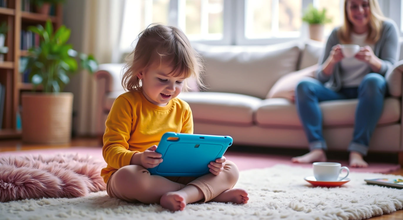 A hyper-realistic, professional photograph in the style of a warm, modern family lifestyle magazine. A bright and airy British living room with a child (around 6 years old) sitting on a soft rug, deeply engrossed in an Amazon Fire Kids tablet in a colourful blue case. Soft, natural light streams in from a nearby window. In the background, slightly out of focus, a parent sits on a comfortable sofa, smiling gently while sipping a cup of tea. The mood is calm, positive, and focused on safe, happy learning. The composition should be a medium shot, capturing the connection between the child's engagement and the parent's relaxed supervision.