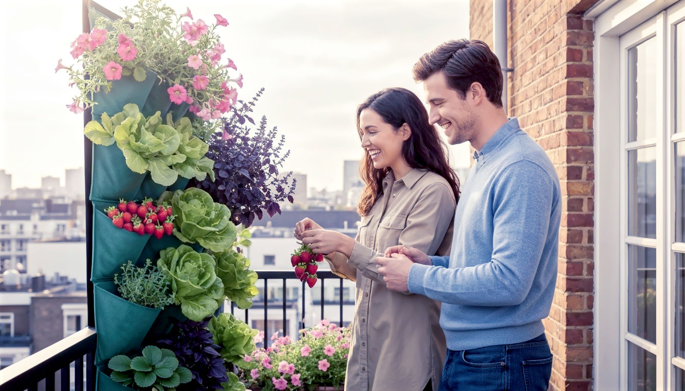 A hyper-realistic photograph in the style of a Gardens Illustrated feature. The image captures a charming, sun-drenched London balcony in late spring. A young couple in their early 30s, dressed in casual, modern clothes, are smiling as they harvest fresh strawberries and herbs from a lush, well-established fabric pocket planter mounted on an exposed brick wall. The vertical garden is thriving with a mix of red strawberries, green lettuce, purple basil, and trailing pink petunias. The composition is a medium shot, with soft, golden-hour lighting creating a warm, inviting atmosphere. The background shows a blurred but recognisable urban London skyline. The overall mood is aspirational, positive, and quintessentially British.