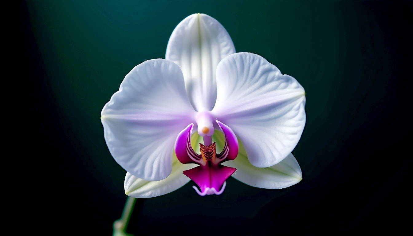A stunning macro photograph in the style of a botanical illustration from a David Attenborough documentary. The subject is a single, perfect Phalaenopsis orchid bloom, captured against a soft, dark, out-of-focus background. The lighting is bright and clinical, meticulously highlighting the distinct structures: the three outer sepals, the two upper petals, and the intricate, yellow-and-purple patterned labellum (lip) at the centre. The texture of the petals looks almost translucent. The mood is one of scientific wonder and elegant complexity.