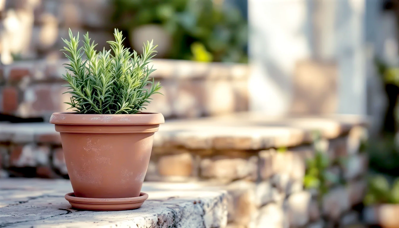A hyper-realistic, detailed photograph in the style of a modern gardening magazine. The subject is a single, classic terracotta pot sitting on an old stone step. The pot is filled with a healthy, vibrant rosemary plant, its needle-like leaves catching the soft, natural side-light. The focus is sharp on the plant and the weathered texture of the pot, with the background gently blurred. The image should convey simplicity, potential, and the core idea of a garden in a pot.