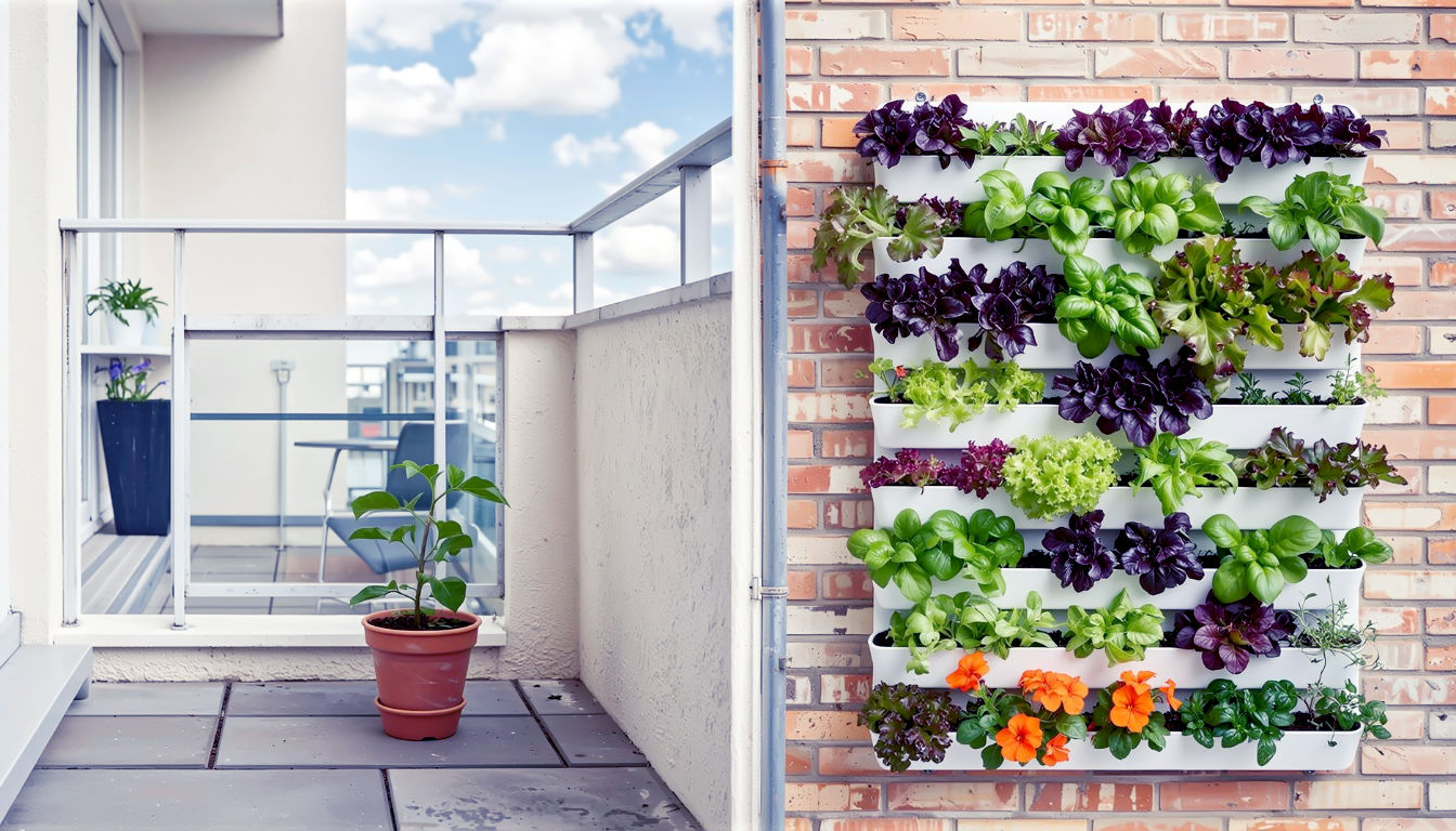 On the left, a small, bare apartment balcony with grey paving slabs features a single, lonely terracotta pot containing a small, struggling plant. On the right, the same balcony is transformed: the main brick wall now holds a sleek, modular vertical garden system, overflowing with vibrant green lettuce, deep purple basil, and trailing nasturtiums. The composition is clean and minimalist, focusing on the dramatic and efficient use of space. The lighting is bright but soft, mimicking a classic overcast British day, which makes the colours of the foliage pop. The mood is inspiring and aspirational, clearly illustrating the concept of growing upwards.