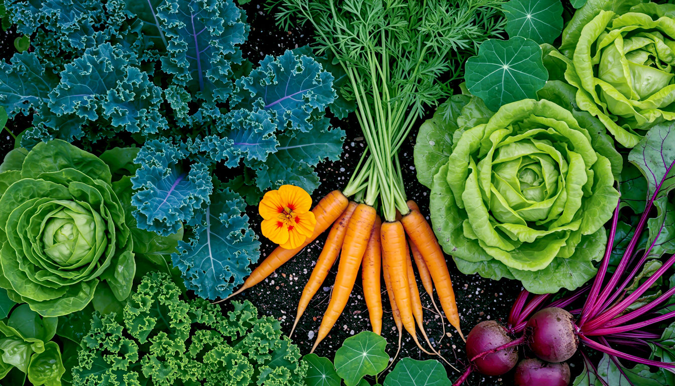 A vibrant, top-down, hyper-realistic photograph capturing the sheer abundance of a well-planted raised bed. The frame is overflowing with a jewel-toned tapestry of vegetables: the deep crinkled leaves of Lacinato kale, the frilly tops of just-pulled carrots showing their orange shoulders, the bright green of cut-and-come-again lettuce, and the crimson globes of ripe beetroot. A single, perfect nasturtium flower provides a pop of edible colour. The lighting is clean and natural, making the produce look incredibly fresh and delicious, evoking a sense of harvest and bounty.