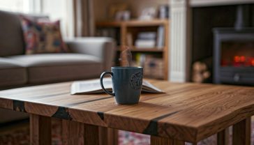 The image captures a beautifully finished live edge english oak coffee table sitting in a cosy, modern British living room. Soft, natural light from a window illuminates the rich grain and black epoxy details of the wood. On the table sits a steaming mug of tea and an open book. The background is slightly blurred, showing a comfortable sofa and a fireplace, creating a warm, aspirational, and homely mood. The composition is clean and inviting, emphasising the craftsmanship and unique character of the handmade furniture.