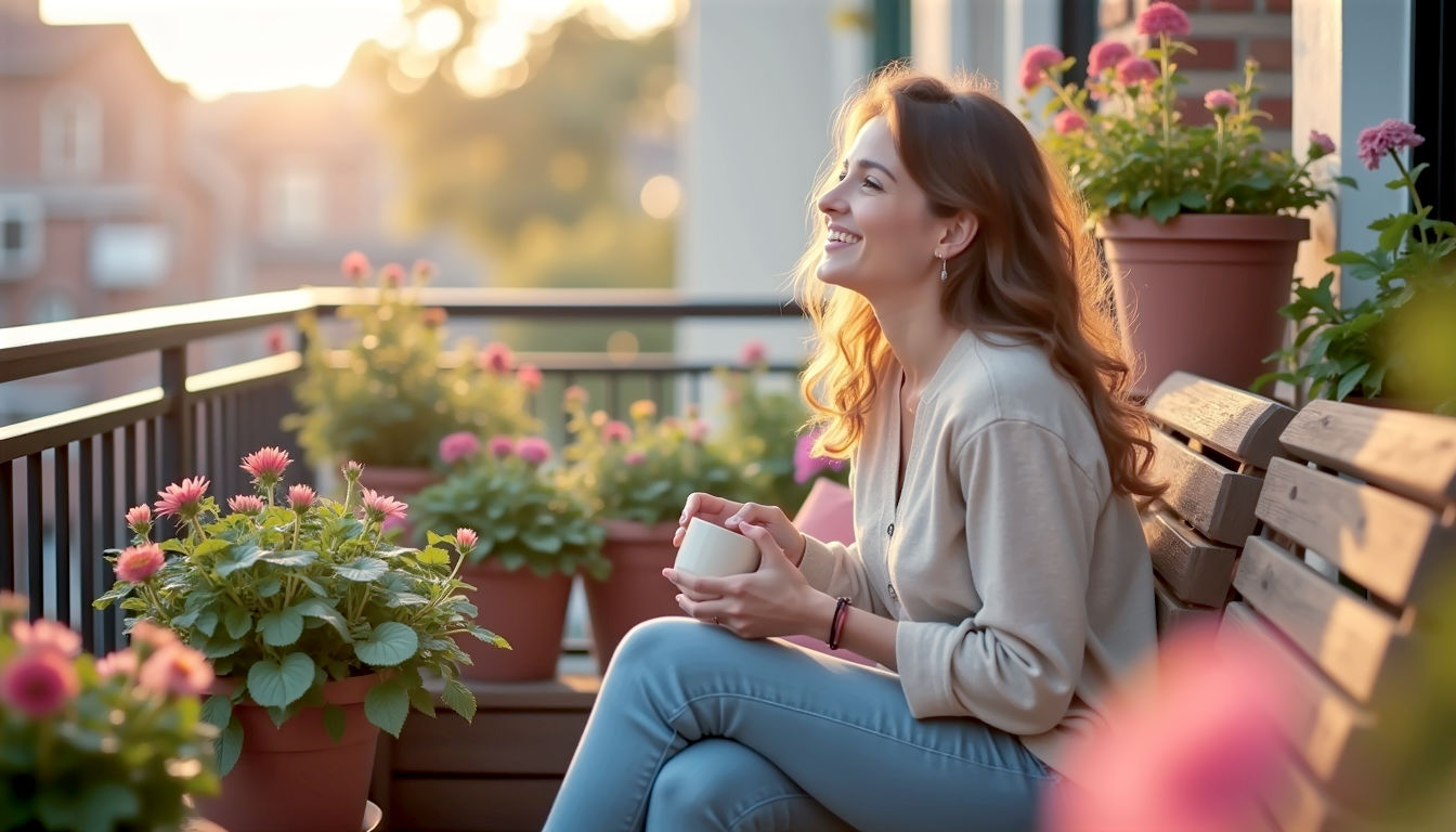 A hyper-realistic photograph with a warm, narrative feel, reminiscent of a lifestyle feature in Country Living magazine. A person is sitting on a simple wooden bench on their small, well-tended city balcony, surrounded by their container garden. They are holding a ceramic mug and looking peacefully at their pots, which are filled with a mix of flowers and foliage. The warm, golden light of late afternoon filters through the scene. The image captures a quiet moment of personal satisfaction and the joy of creating a private green sanctuary.