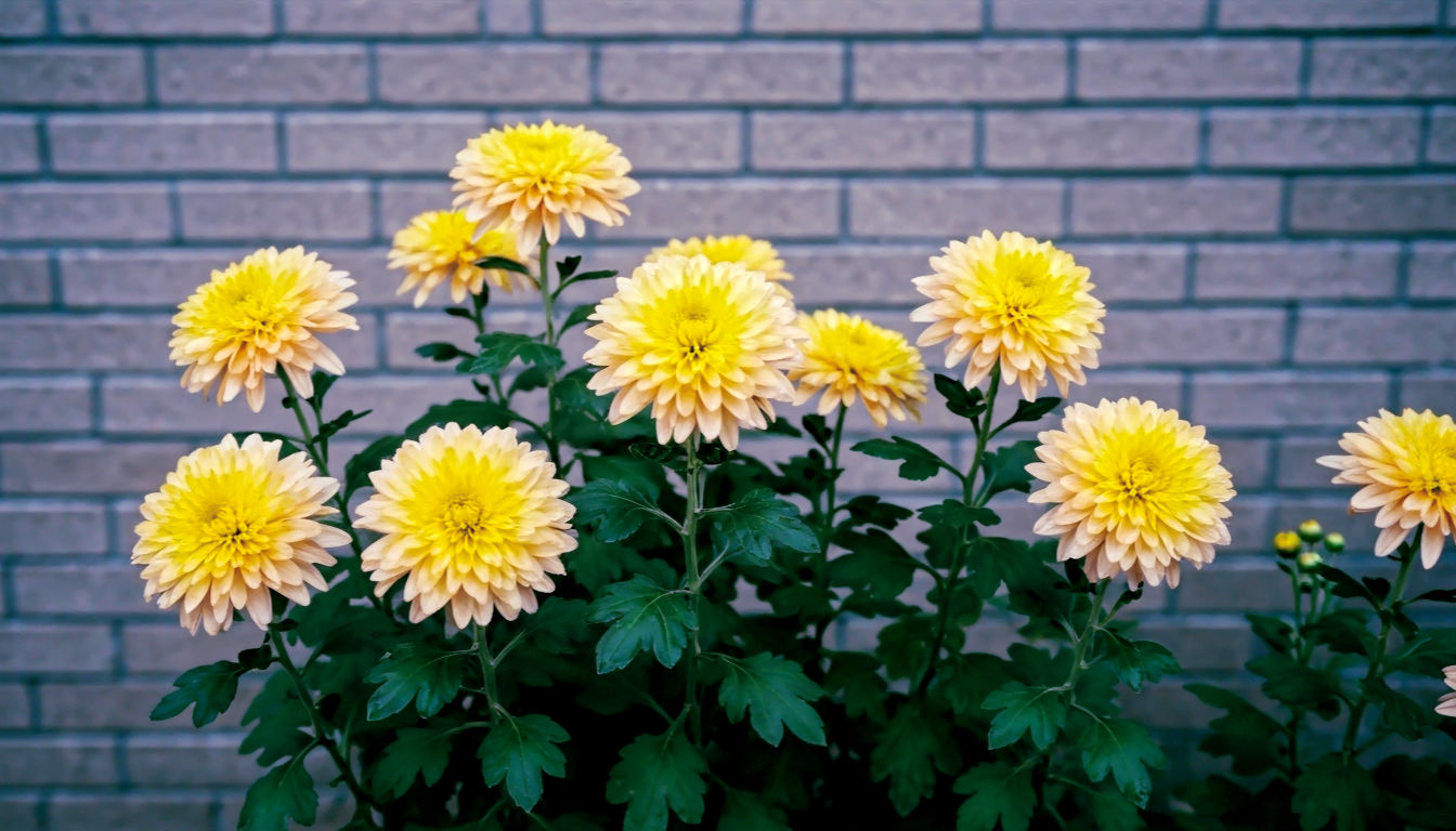Yellow Chrysanthemums standing in flower bed in front of a grey brick wall in overcast light.