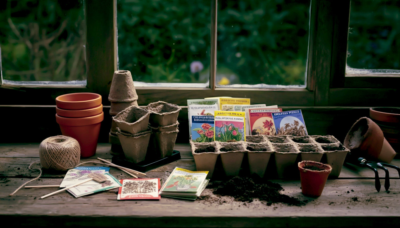 A hyper-realistic, professional photograph in the style of a Country Life magazine feature. A beautiful flat-lay composition on a weathered wooden potting bench, showcasing essential seed-starting tools. Includes clean terracotta pots, modular seed trays, colourful vintage-style seed packets from British brands, a ball of jute twine, wooden lollipop-stick labels, and a small hand trowel. The lighting is bright and even, as if from a large greenhouse window, creating a clean, organised, and inviting feel. The mood is one of preparedness and pleasant anticipation for the gardening season ahead.